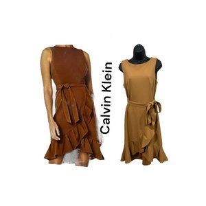 Calvin Klein dress tan brown ruffle hem